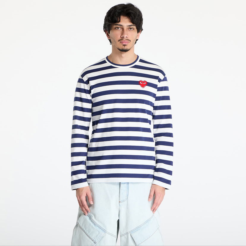 T-shirt Comme des Garçons Comme des Garçons PLAY Stripe Emblem Long Sleeve T-Shirt with Rhinestone Mørkeblå | AX-T805 NAVYxWHITE