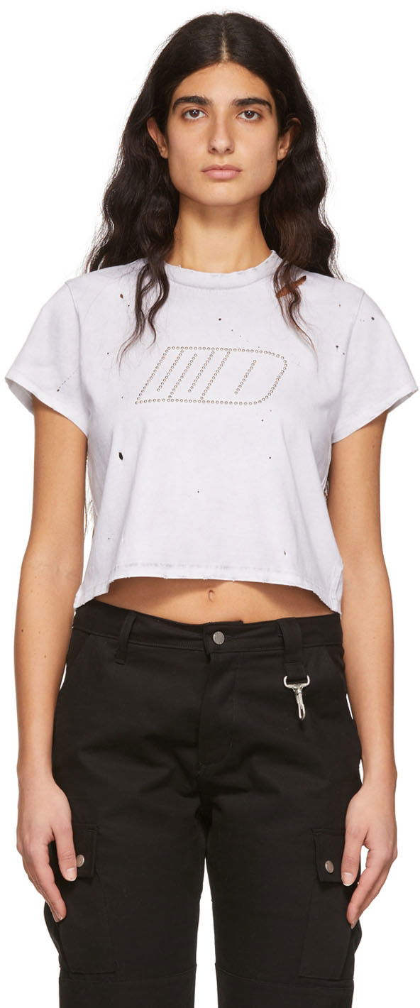 Crop top We11done Cropped Distressed Studded T-Shirt Hvid | WD-TT1-22-512-W-WH, 0