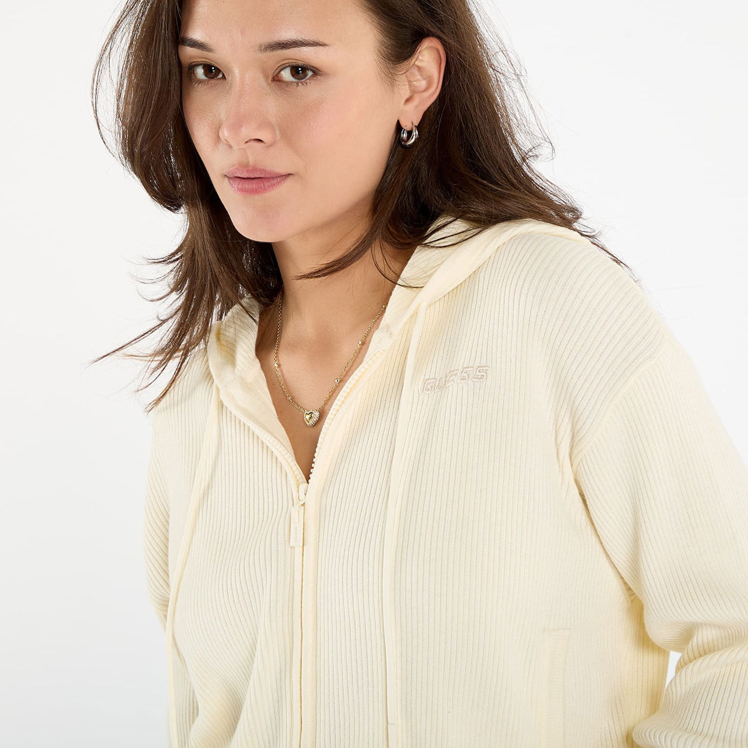 Sweatshirt GUESS Flaminia Ribbed Zipped Hoodie Hvid | V5BR05Z3JD2-G047, 1