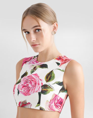 Crop top Dolce & Gabbana Dolce & Gabbana Rose Print Jacquard Crop Top Hvid | F7AO5TFSRQJHA5IG, 3