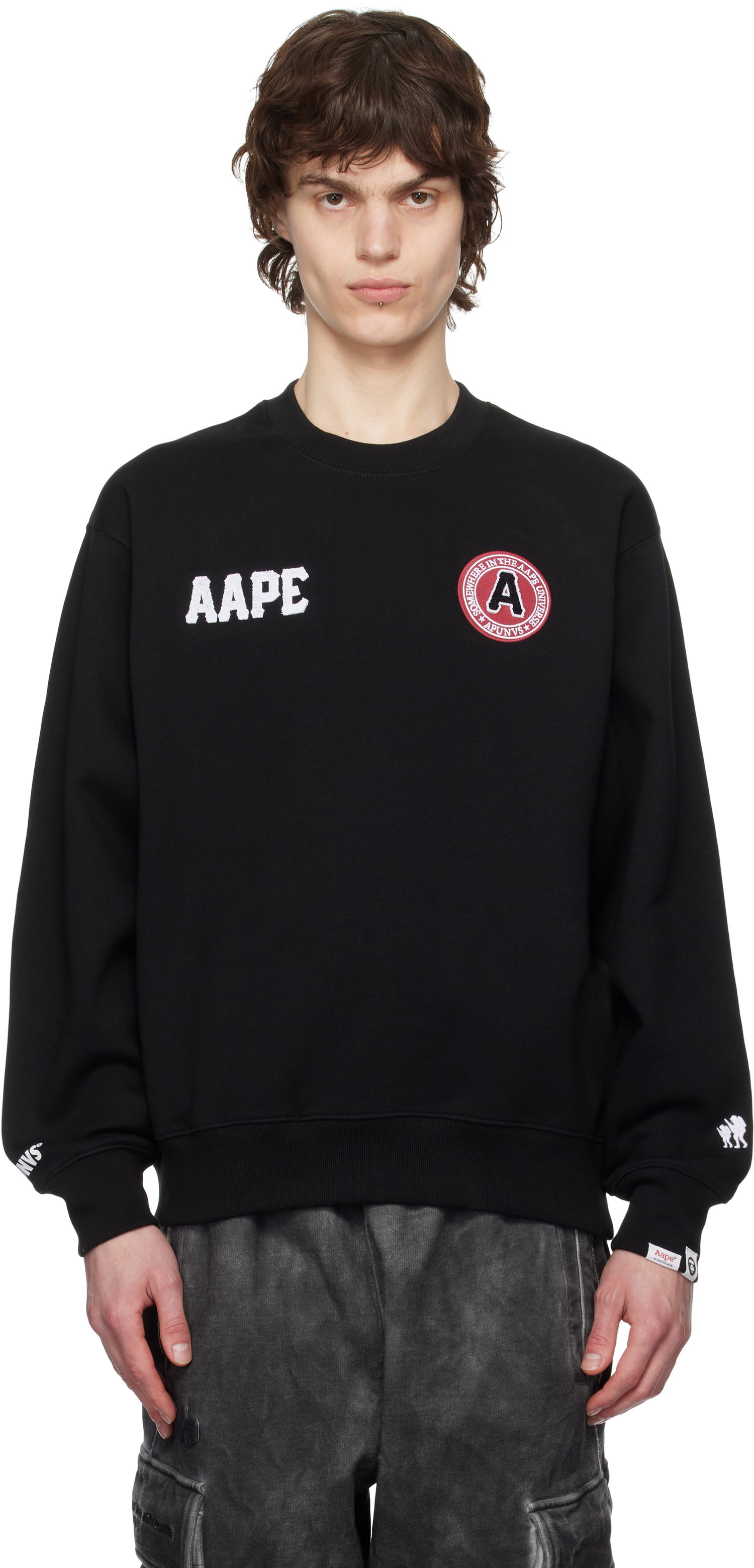 Sweatshirt AAPE by A Bathing Ape AAPE by A Bathing Ape Logo Patch Crewneck Sweatshirt Sort | AAPSWMC337XXNBKX, 0
