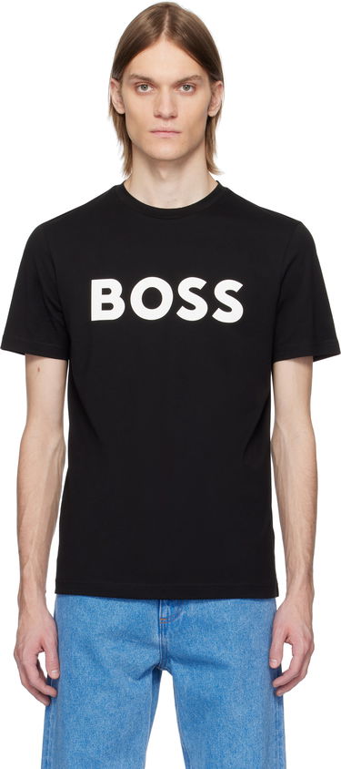 T-shirt BOSS Cotton Jersey T-Shirt Rubber-Print Logo Sort | 50481923, 4