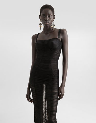 Kjole Dolce & Gabbana Dolce & Gabbana Draped Tulle Calf-Length Dress Sort | F6TNKTFUUBNN0000, 3