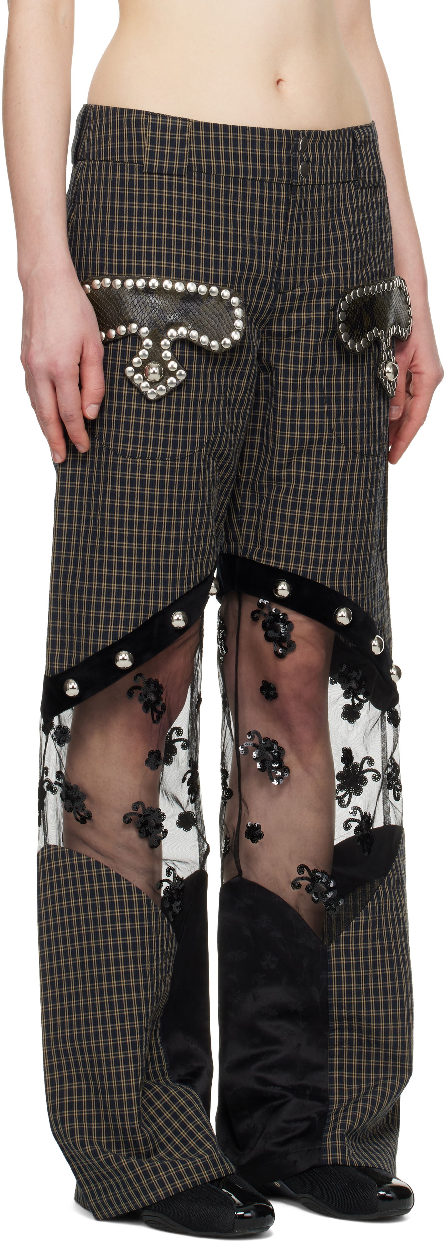 Bukser Chopova Lowena Chopova Lowena Rusher Plaid & Lace Panel Trousers Brun | 4092, 1