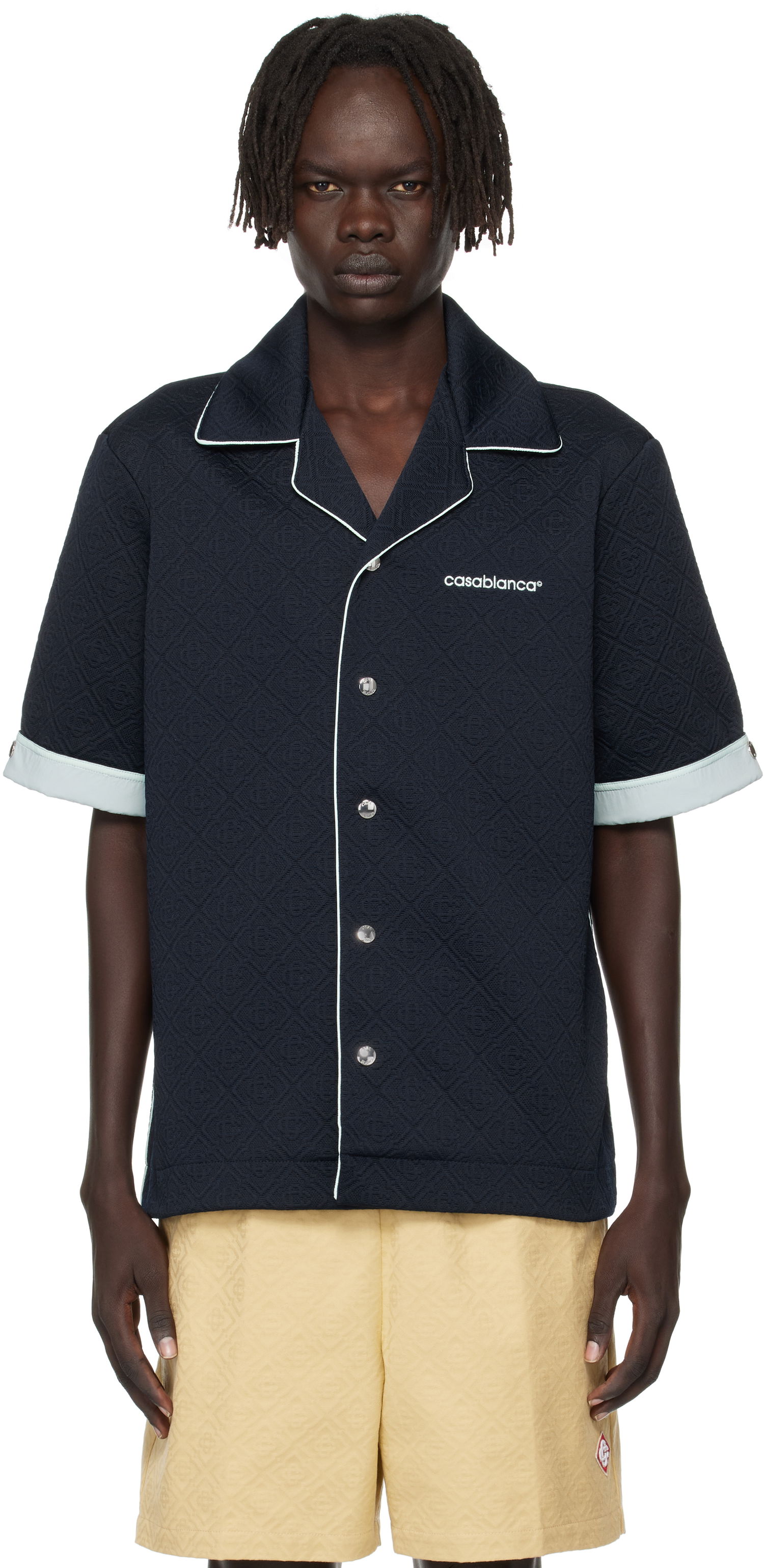 Skjorte Casablanca Casablanca Jacquard Short Sleeve Shirt Mørkeblå | MPF25-SH-190-01, 0