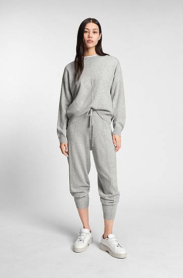Joggingbukser BOSS Cashmere Drawstring Tracksuit Bottoms with Cuffed Hems and Front Seams Grå | 50547858, 1