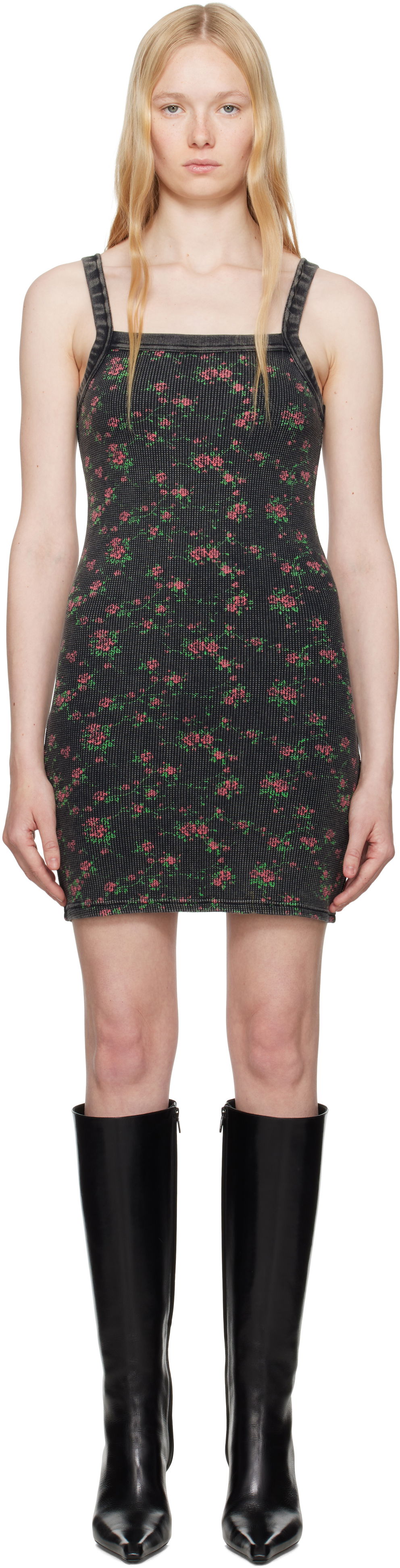 Kjole Alexander Wang Alexander Wang Floral-Print Waffle Knit Mini Dress Sort | 8C4246605P, 0