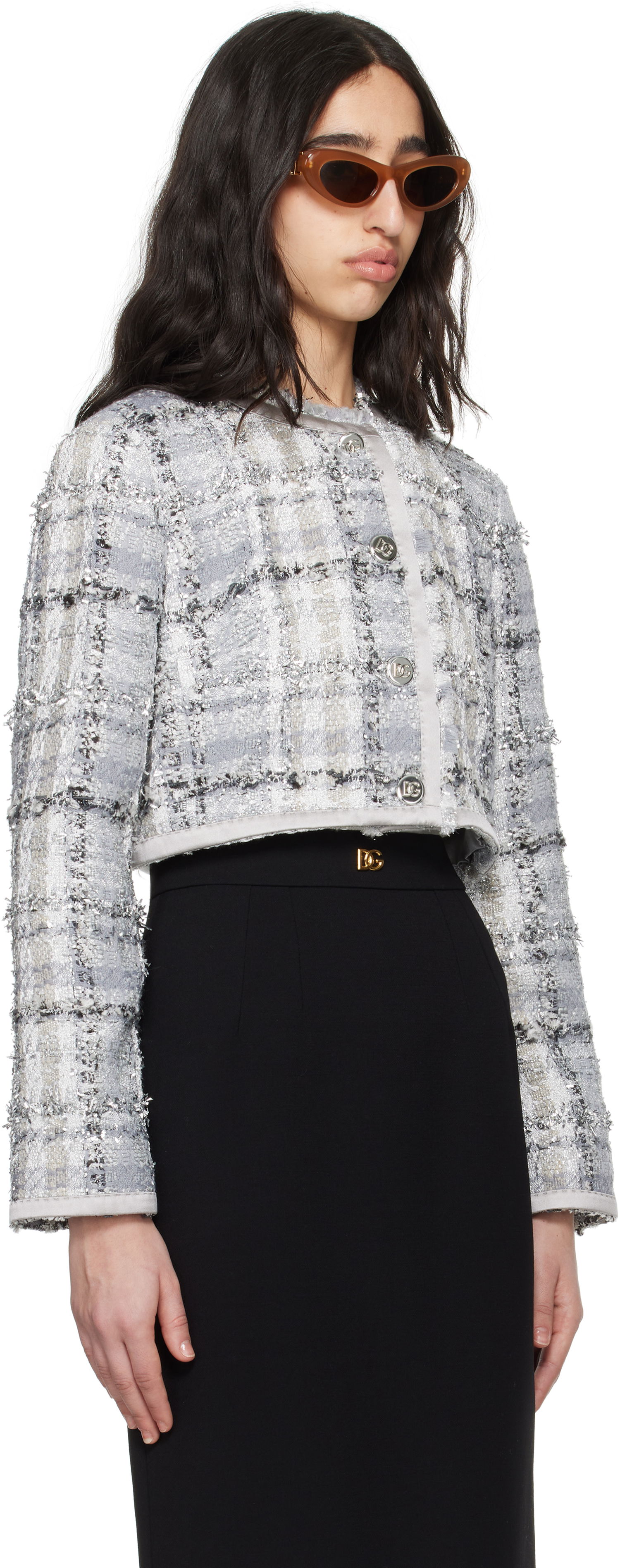 Jakke Dolce & Gabbana Dolce&Gabbana Short Check Lurex Raschel Tweed Jacket Grå | F27DQT FQZAE, 1