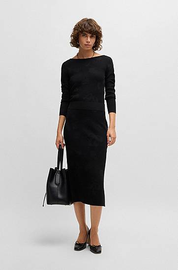 T-shirt BOSS BOSS Stretch Jacquard Wide-Neck Sweater Sort | 50521371, 1