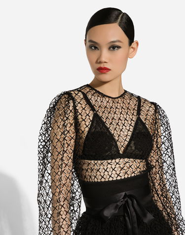 Kjole Dolce & Gabbana Dolce & Gabbana Calf-Length Mesh Dress with Belt Sort | F6JOITILMBEN0000, 3