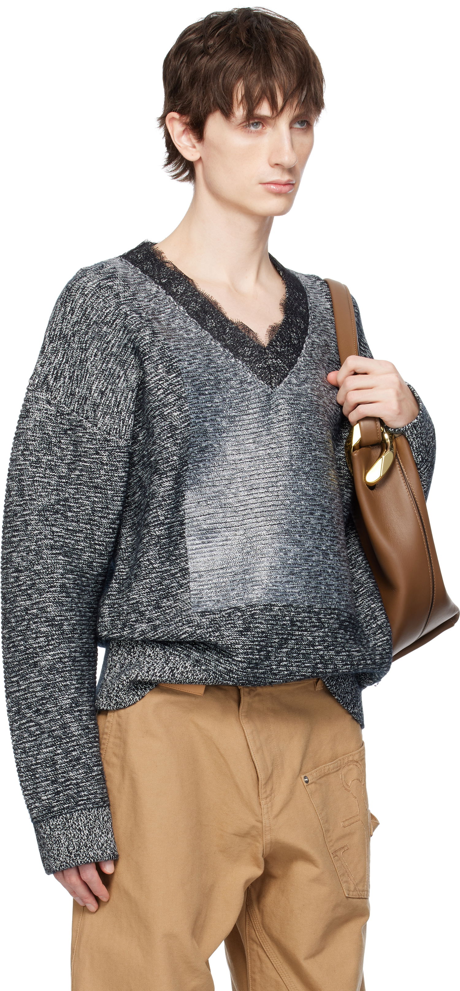Sweater JW Anderson JW Anderson V-Neck Lace Trim Sweater Grå | KW1360-YN0402, 1