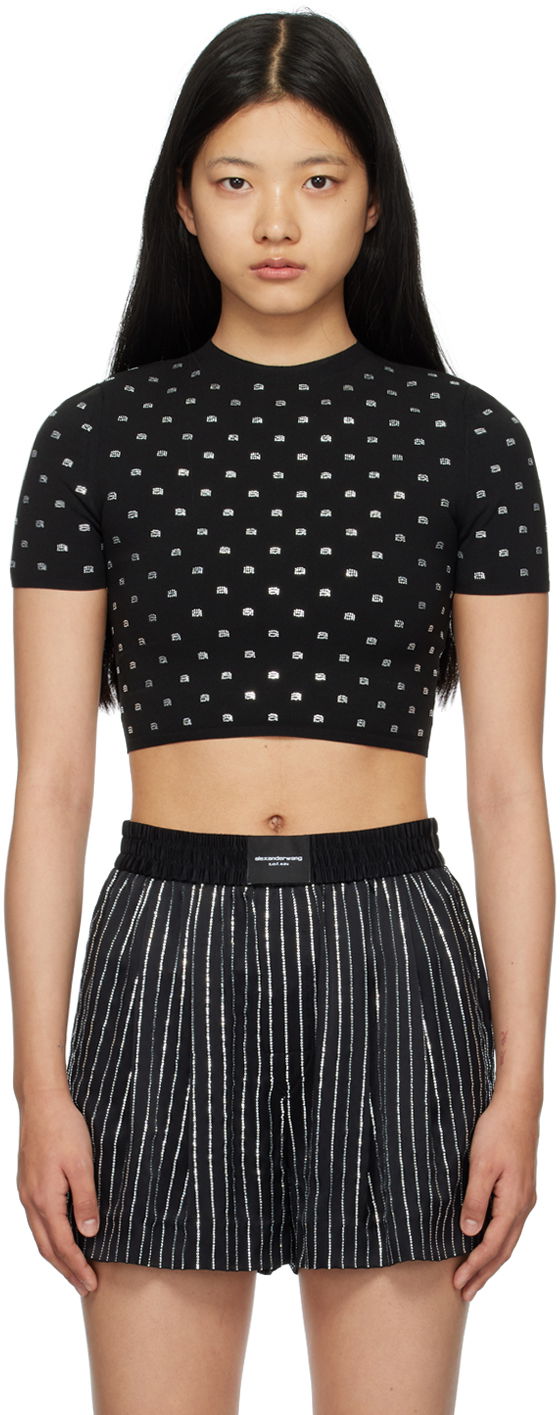 Crop top Alexander Wang Alexander Wang Cropped Crystal T-Shirt Sort | 1KC1231052