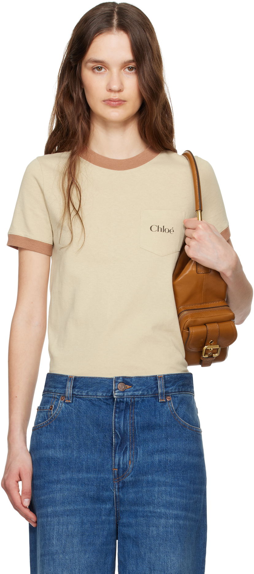 T-shirt CHLOÉ Chloé Crew Neck Logo Pocket T-Shirt Beige | CH25UJH04187