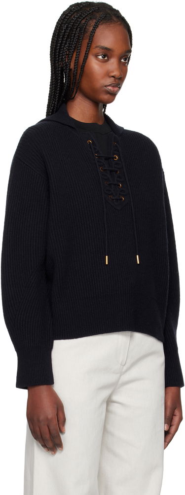 Sweater Max Mara Max Mara Eccelso Lace-Up Ribbed Knit Hoodie Mørkeblå | 2511361161600, 1