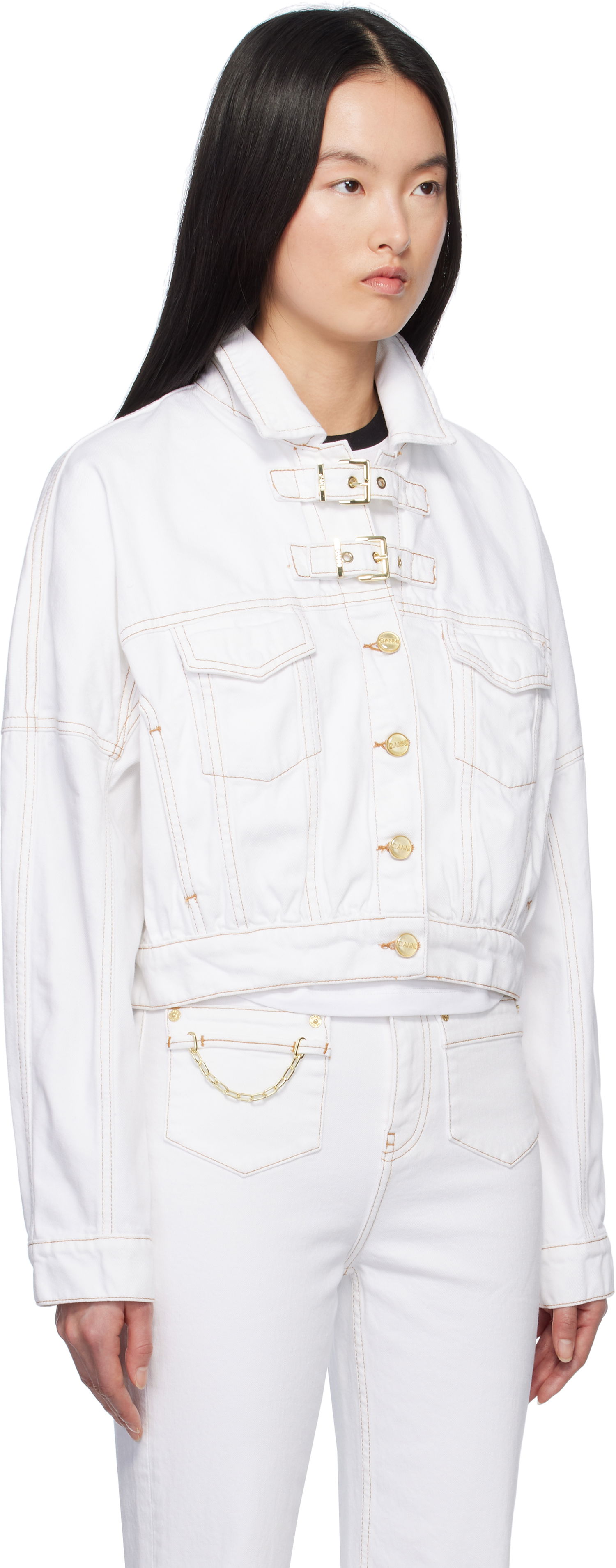 Jakke GANNI GANNI Pin-Buckle Cropped Denim Jacket Hvid | J1658, 1