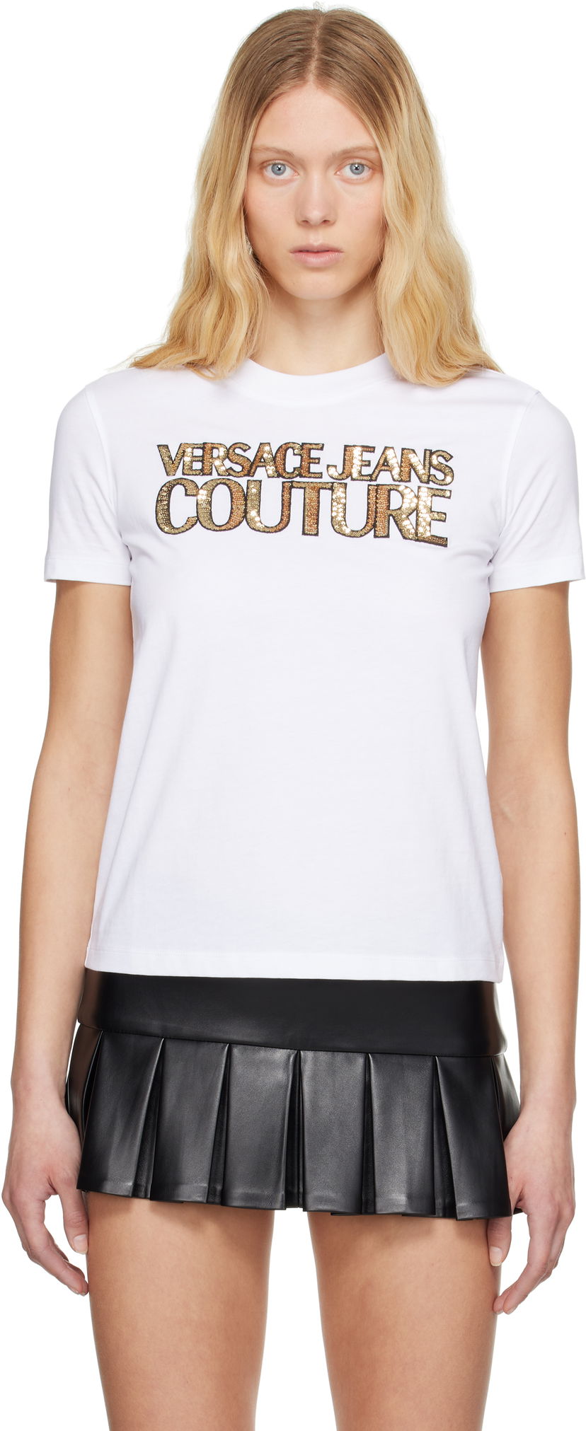 T-shirt Versace Versace Jeans Couture Sequinned Logo T-Shirt Hvid | E78HAHE02_ECJ00E