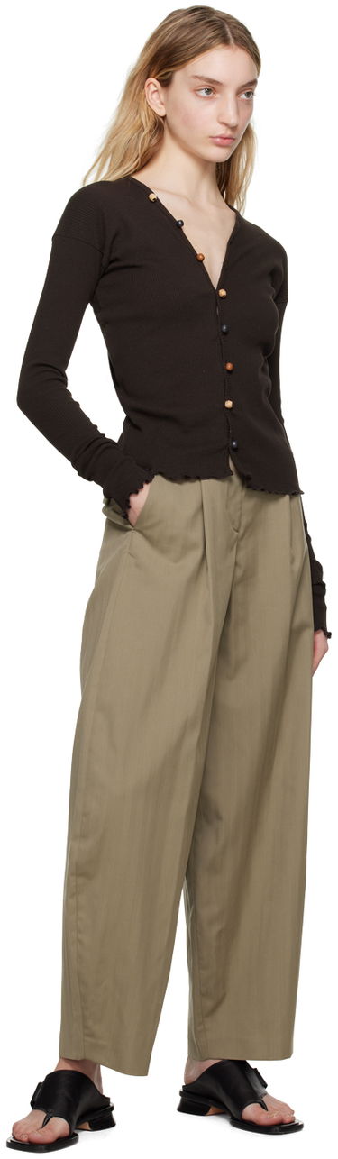 Sweater Baserange Tav Ribbed V-Neck Cardigan with Beaded Buttons Brun | TOTVC-RC-SP23, 3