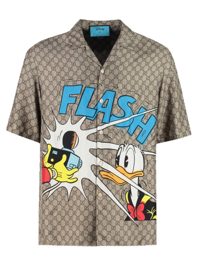 Skjorte Gucci Disney Donald Duck x Monogram Silk Shirt Beige | 646446ZAGCN2165