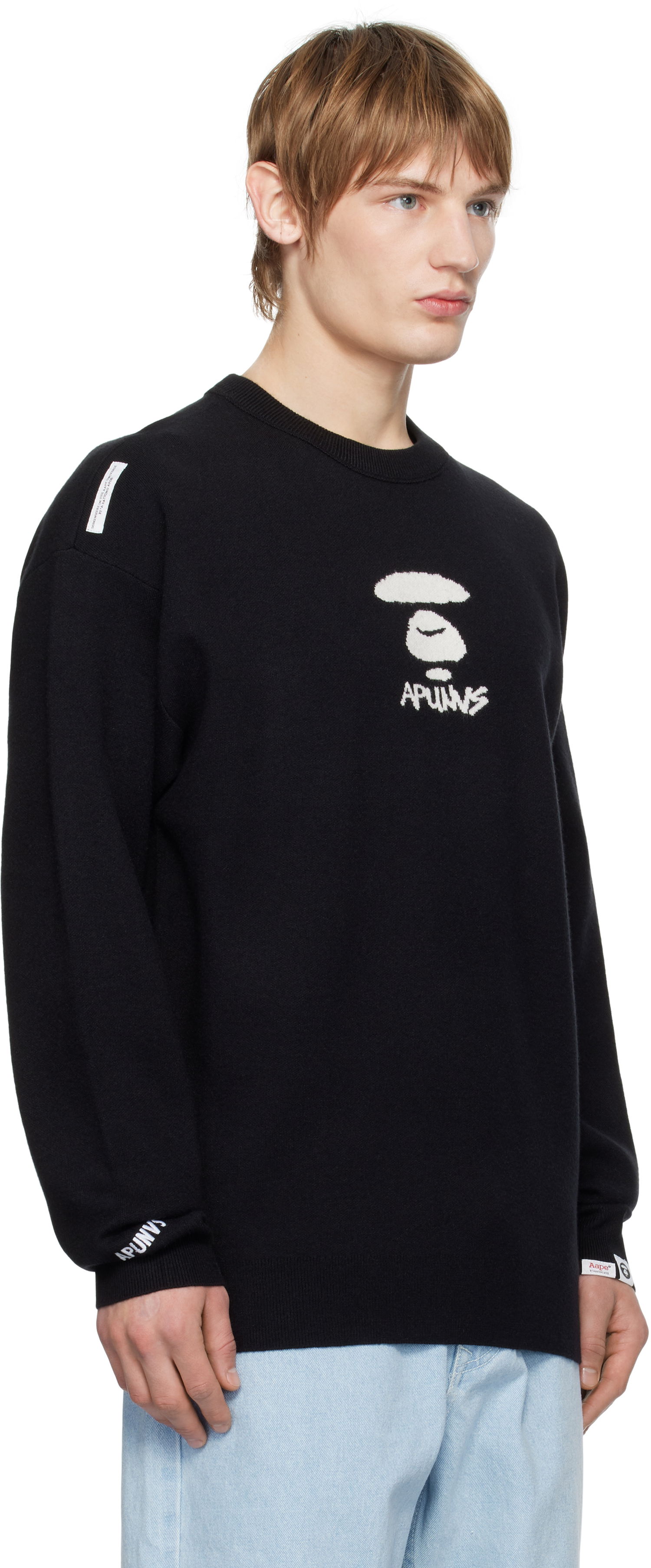 Sweater AAPE by A Bathing Ape AAPE by A Bathing Ape Moonface Logo Knit Sweater Sort | AAPKNMB371XXNBKX, 1