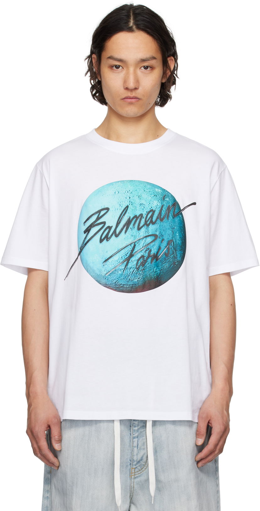 T-shirt Balmain Balmain Paris Logo & Planet Graphic T-Shirt Hvid | EH0EG010GE80