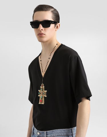 T-shirt Dolce & Gabbana Cotton V-Neck T-Shirt With Jeweled Cross Patch Sort | G8QL3ZG7O4IN0000, 3