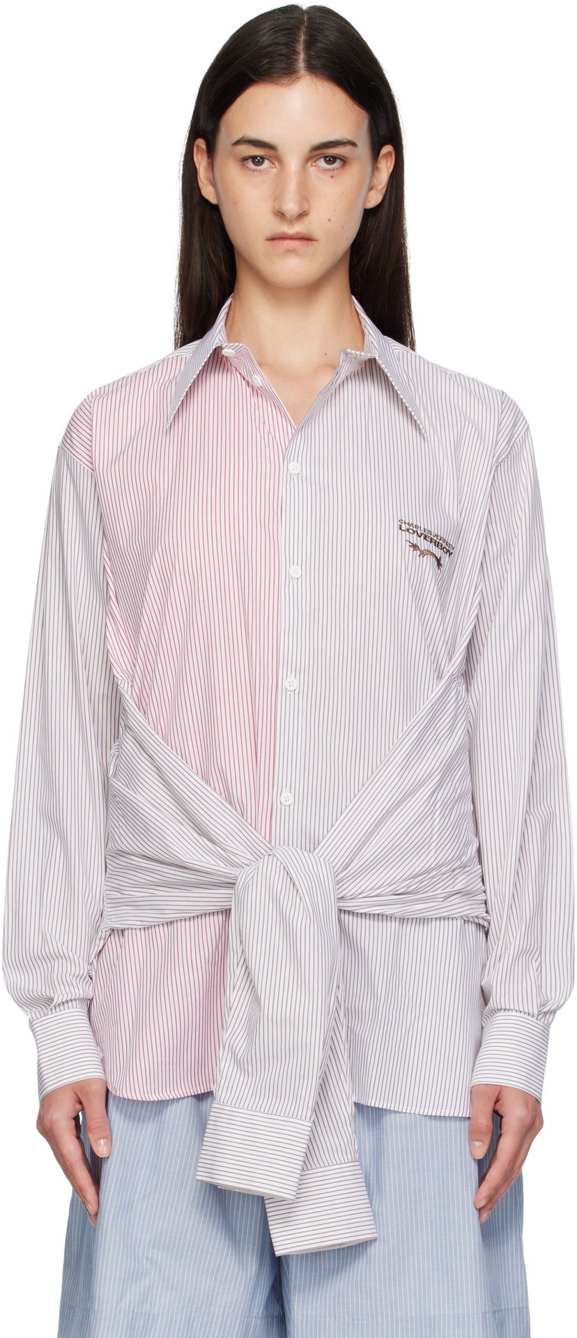 Skjorte Charles Jeffrey Loverboy Charles Jeffrey LOVERBOY Long Sleeve Striped Split-Panel Tie-Front Button-Up Shirt Flerfarvet | 52070402