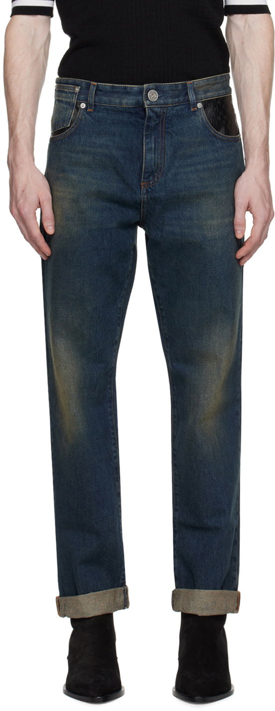 Jeans Balmain Leather Pocket Jeans Mørkeblå | BH0MI043DD83, 0