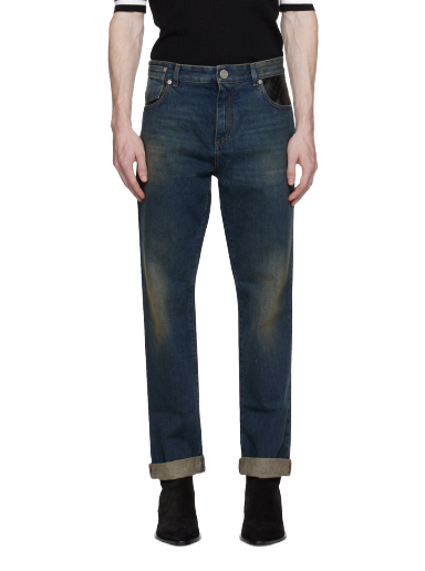 Jeans Balmain Leather Pocket Jeans Mørkeblå | BH0MI043DD83