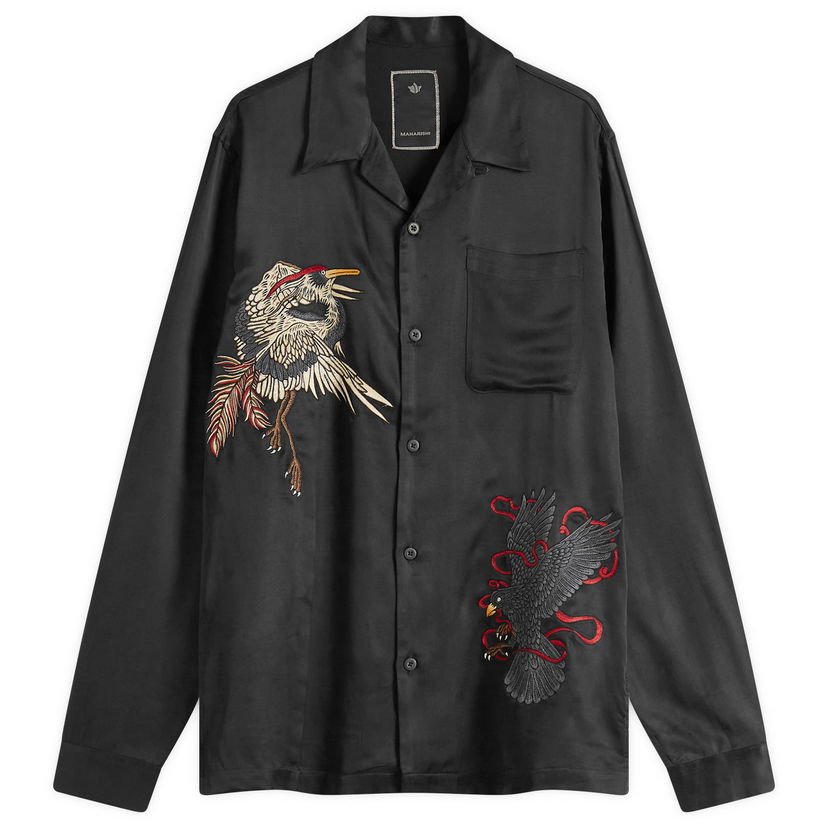 Skjorte Maharishi Maharishi Crow & Heron Embroidered Shirt, Size Large Sort | 1494-BLK