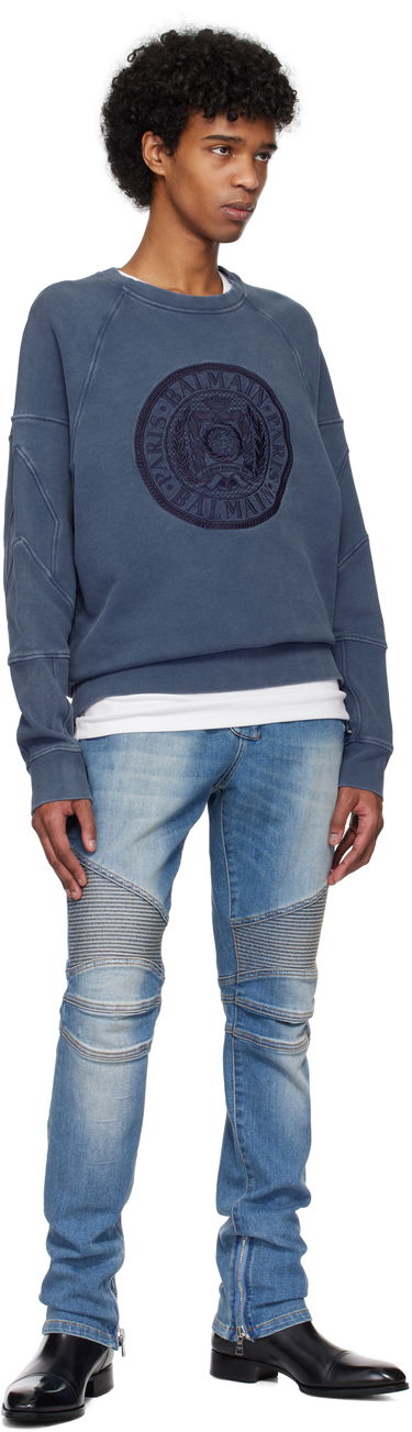 Sweater Balmain Balmain Ribbed Coin Embroidery Sweatshirt Blå | EH1JS007BC89, 3