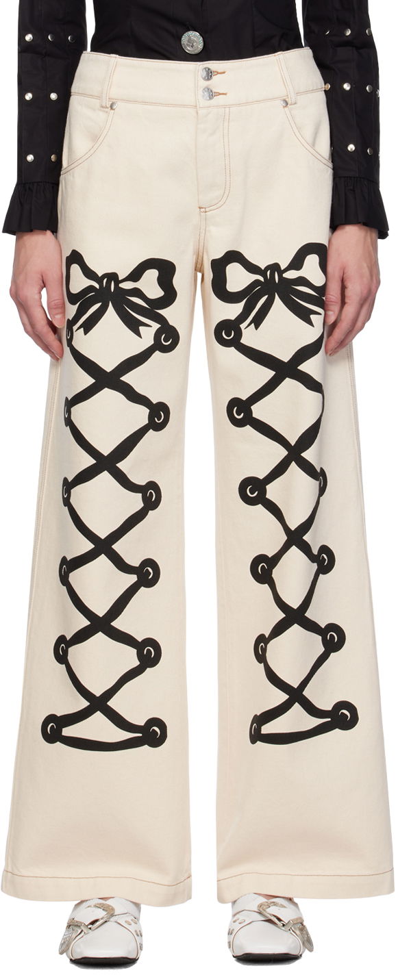 Jeans Chopova Lowena Chopova Lowena Ribbon Print Wide Leg Jeans Beige | 4061