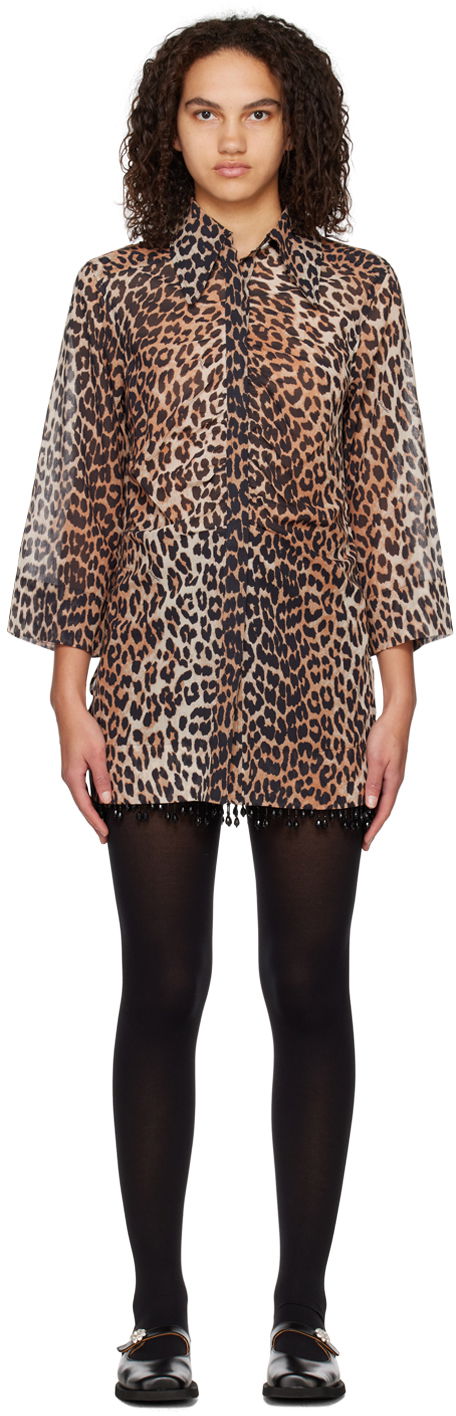 Kjole GANNI GANNI Leopard Print Mini Dress with Beaded Trim Brun | F6956