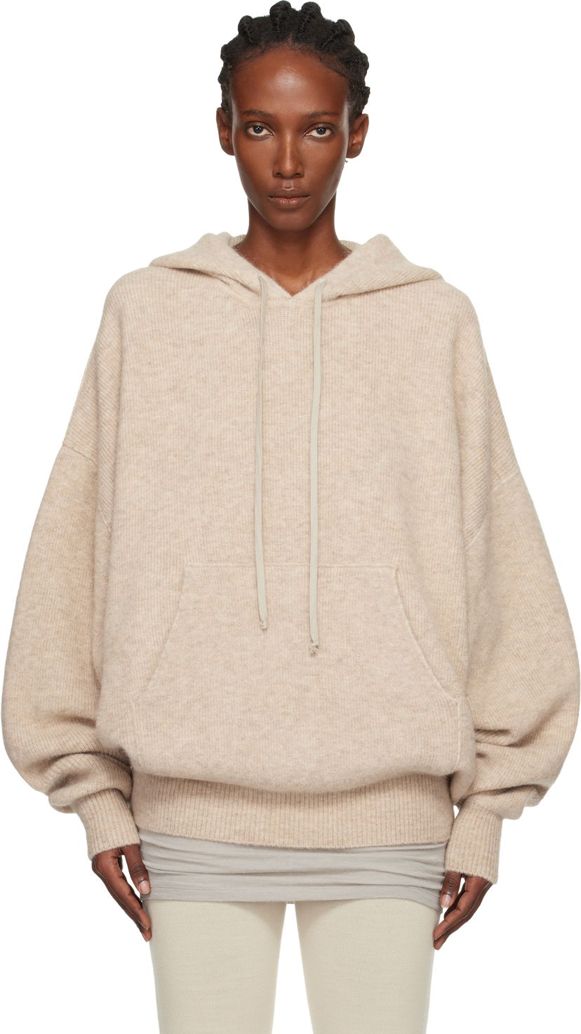 Sweatshirt Rick Owens Concordians Hun Oversized Knitted Hoodie with Kangaroo Pocket Beige | RO02E4660 KWP