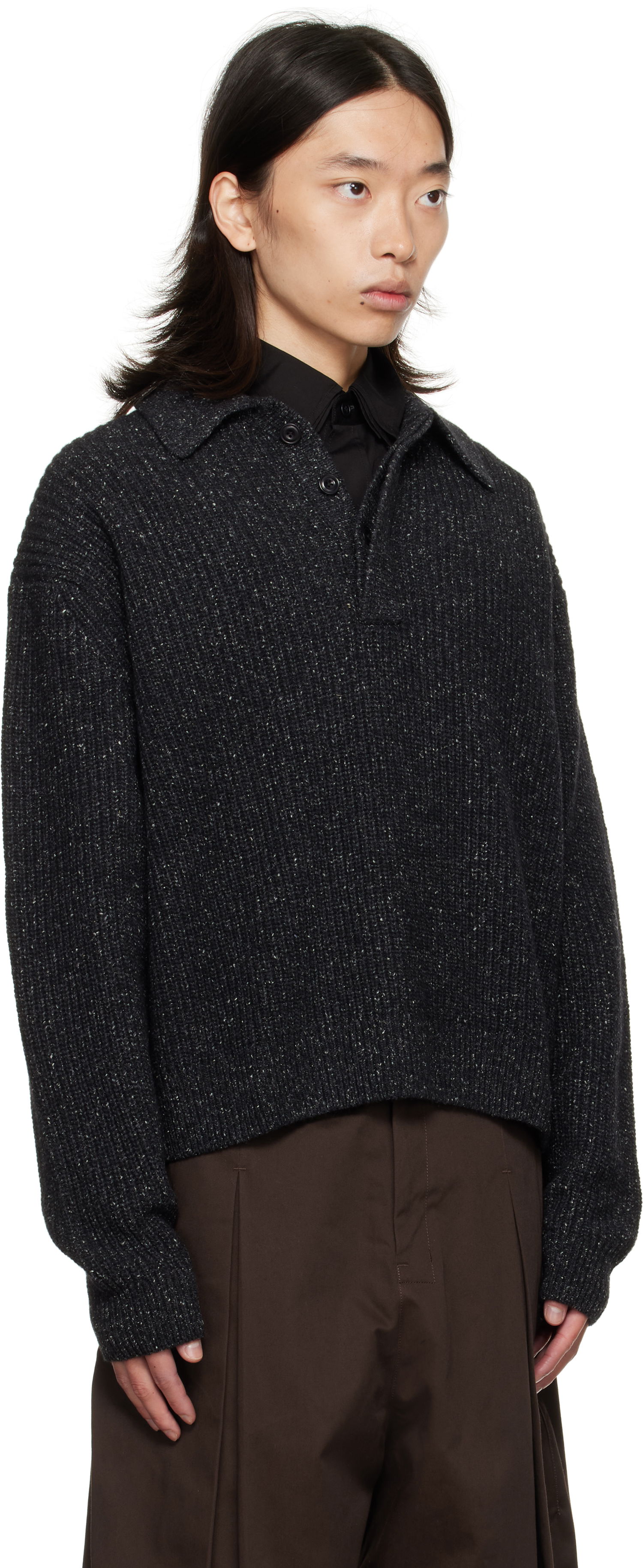 Sweater sage NATION SAGE NATION Knit Polo Sweater Sort | S098 POLO WOOL SPECKLED CHARCO, 1