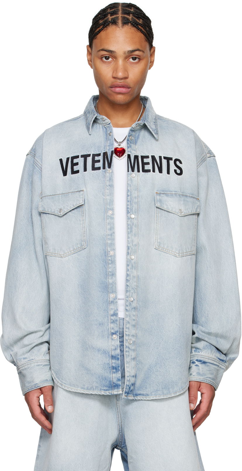 Skjorte VETEMENTS Embroidered Logo Denim Shirt Blå | UA66SH510L