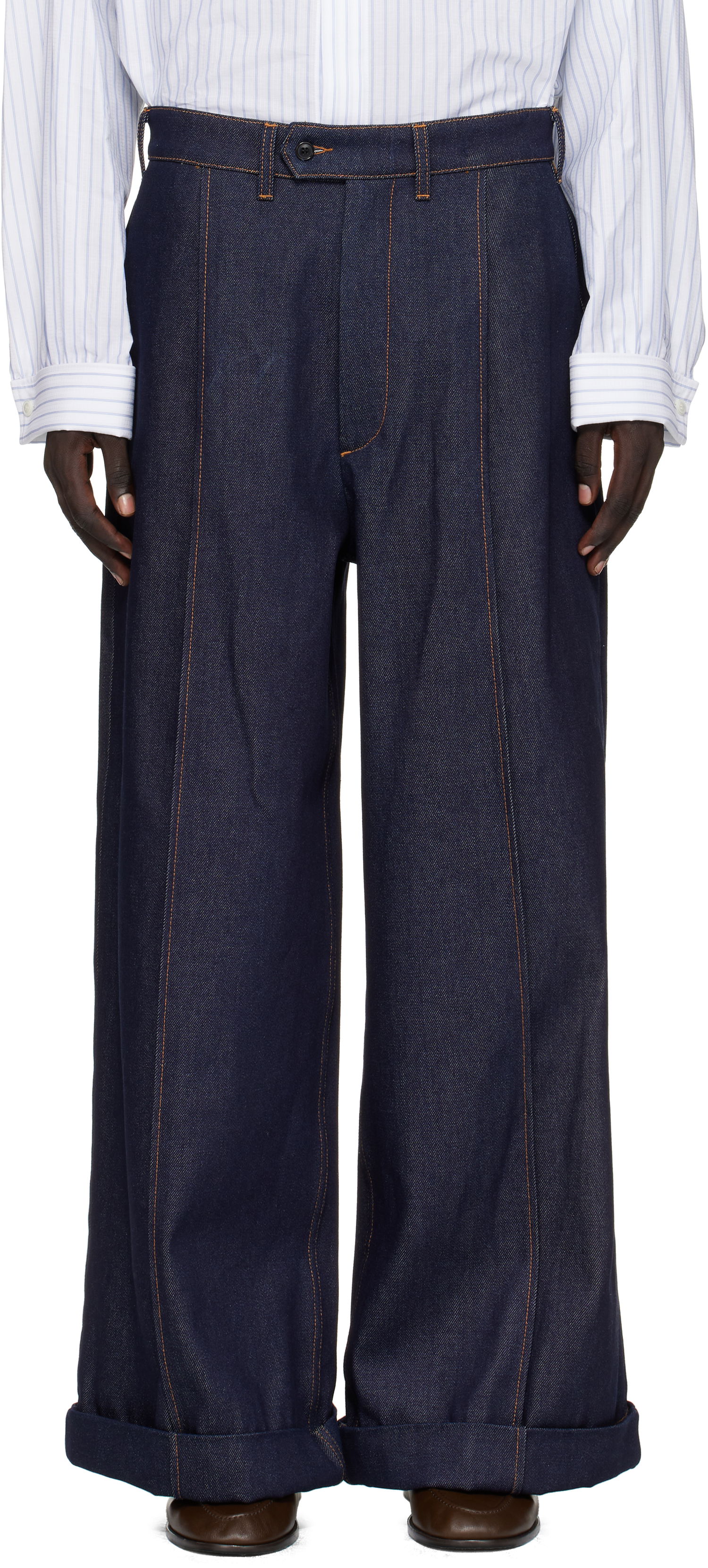 Jeans HED MAYNER Hed Mayner Wide-Leg Cuffed Front Seam Jeans Mørkeblå | HMMB67035B-HB191, 0