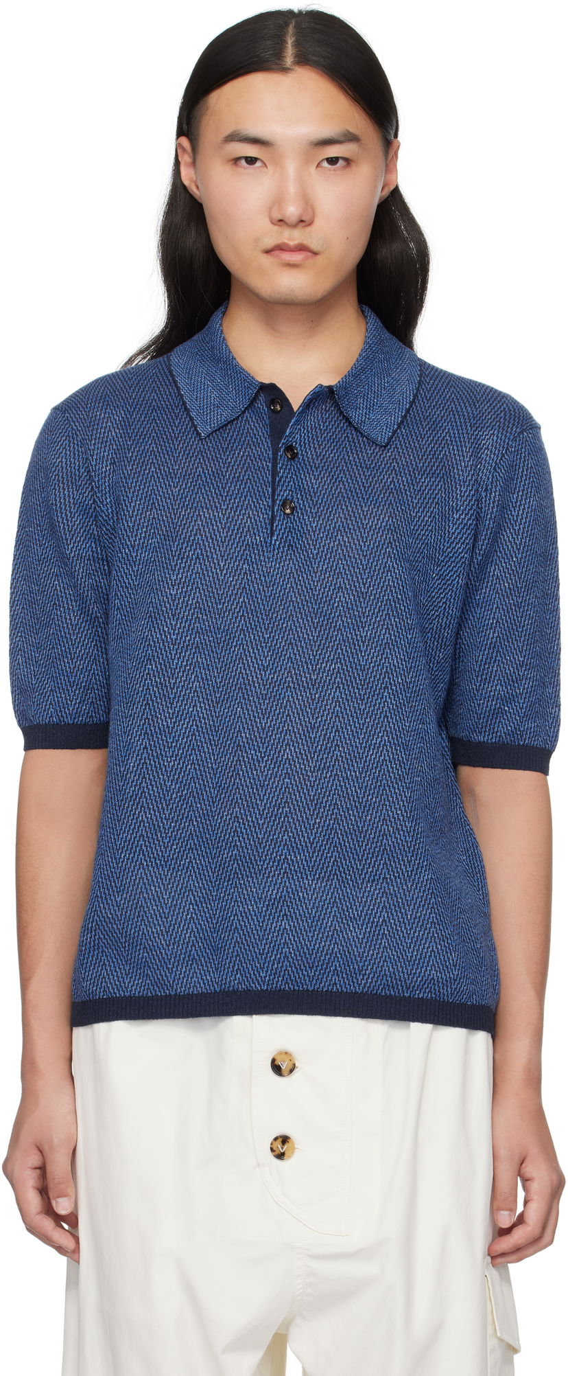 Polo skjorte Bottega Veneta Bottega Veneta Chevron Knit Linen Polo Blå | 809716V4VW04443