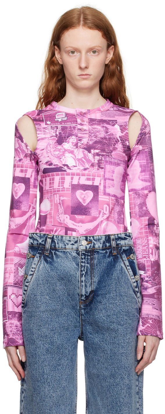 Krop Moschino Graphic Print Cut-Out Long Sleeve Bodysuit Lyserød | 1101 8254