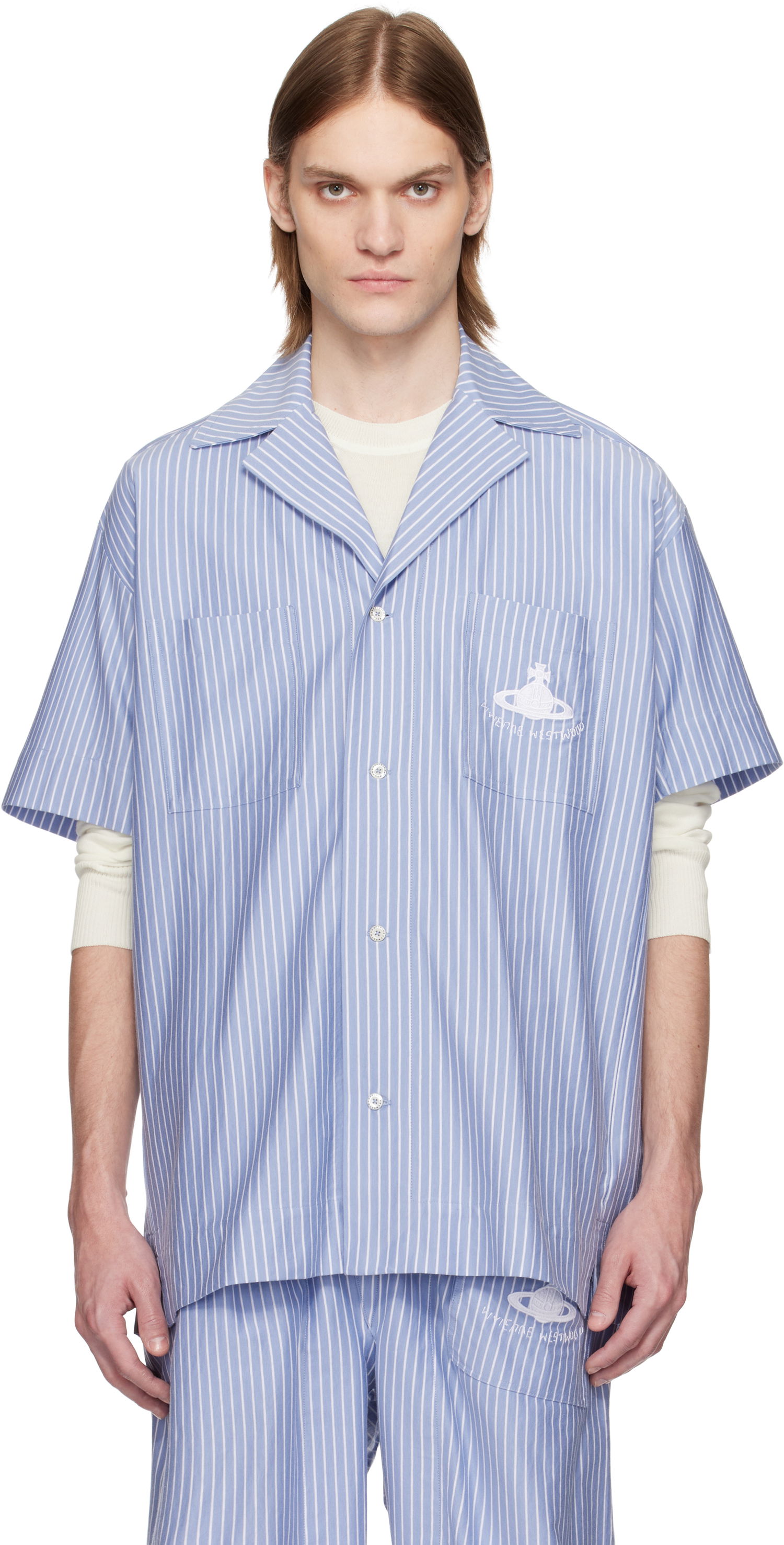 Skjorte Vivienne Westwood Vivienne Westwood Striped Camp Shirt Blå | 2401003H-J009D-, 0