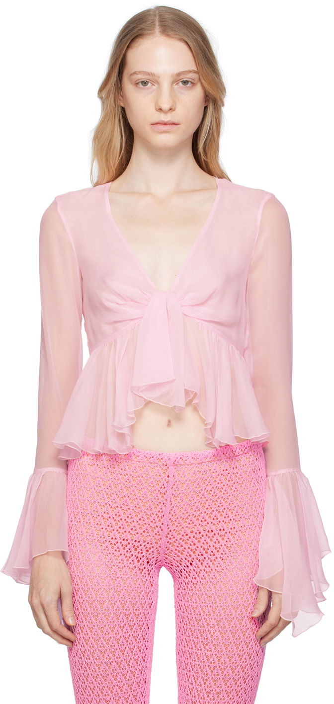 Skjorte Blumarine Blumarine Ruffled Tie-Front Blouse Lyserød | P344C005A