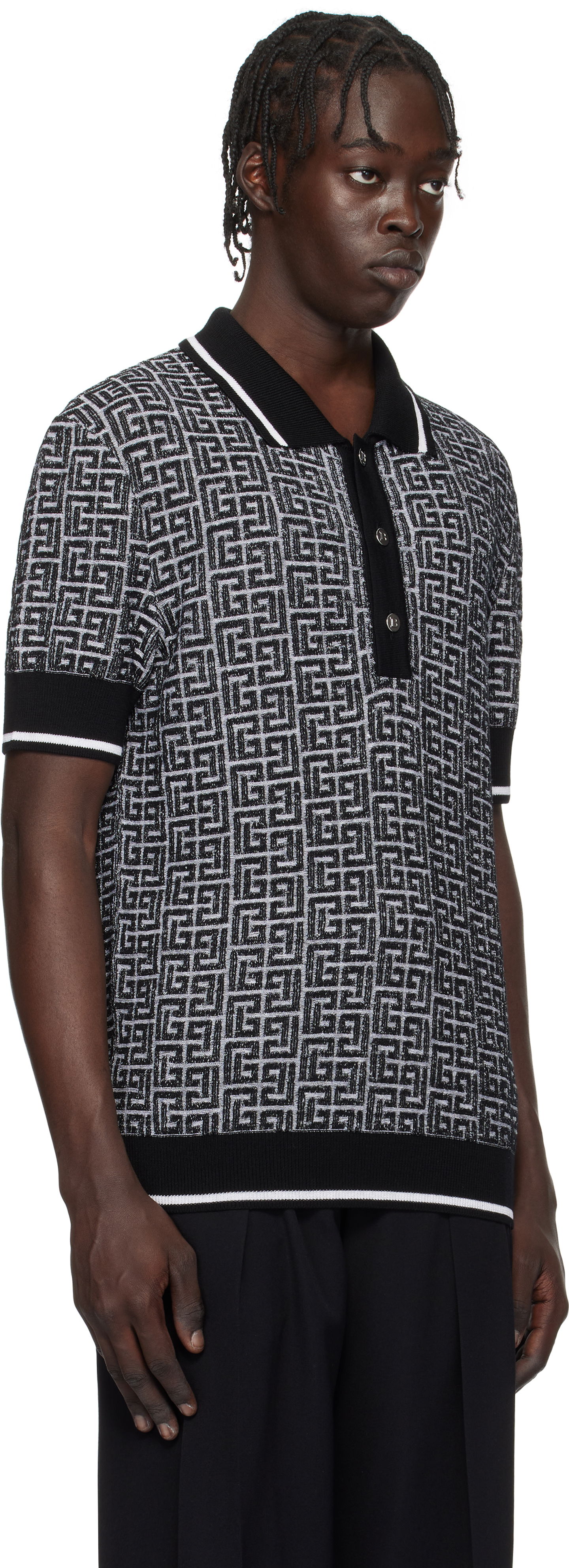 Polo skjorte Balmain Black & White Labyrinth Knit Polo Shirt Sort | EH1GB020KI03, 1