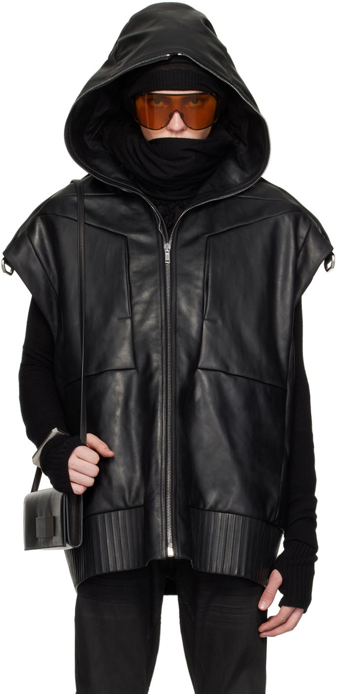 Vest Rick Owens Rick Owens Sleeveless Leather Hoodie Sort | RR01D3705 LOY