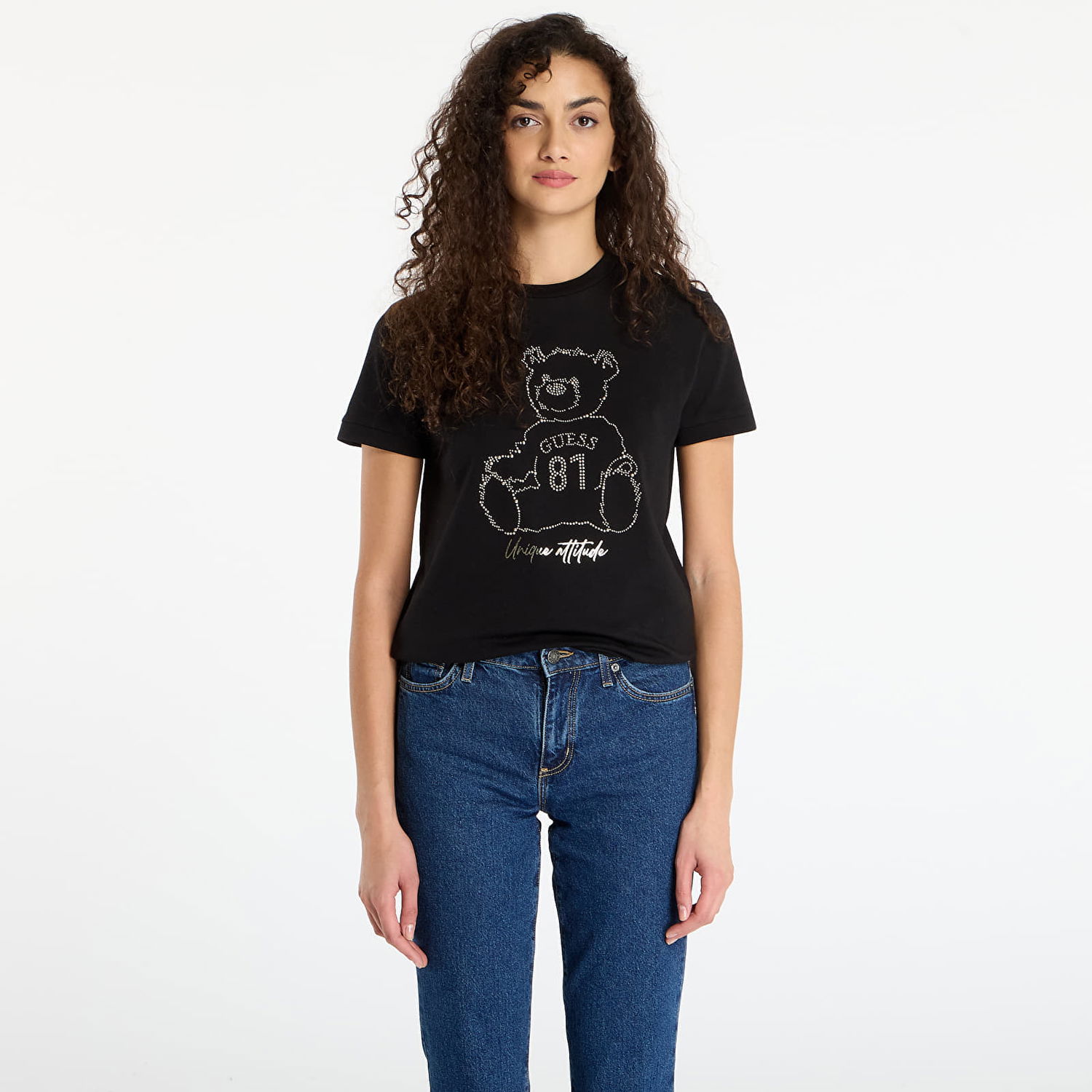 T-shirt GUESS Short Sleeve Rhinestone Teddy Bear Unique Attitude T-Shirt Sort | V5BI16K8FQ4-JBLK, 0