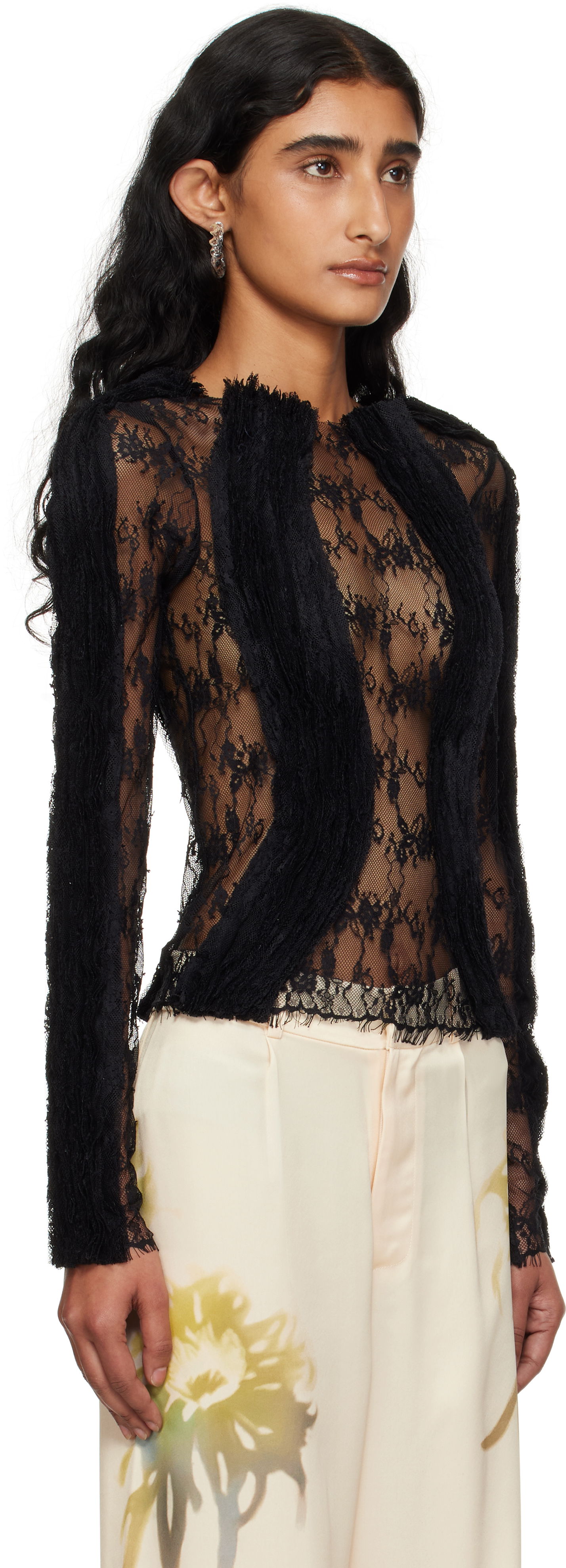 T-shirts og tank tops Collina Strada Collina Strada Wavy Lace Top Sort | XX3303, 1