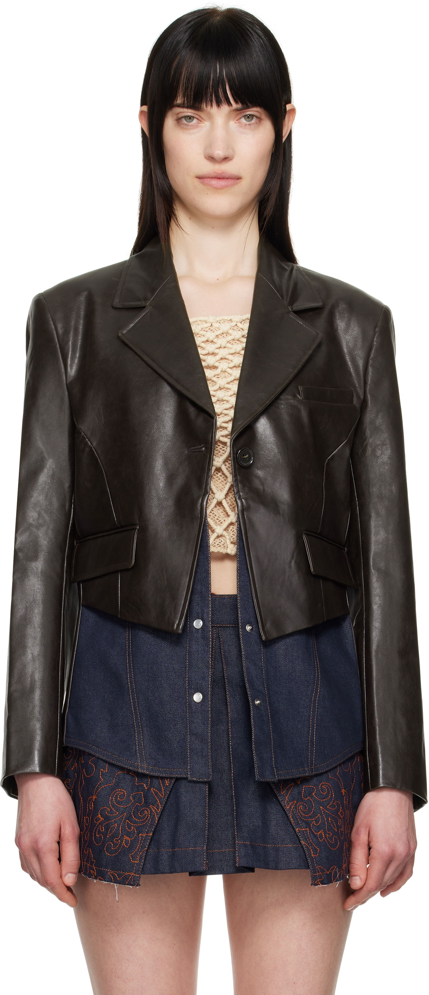 Jakke Andersson Bell Andersson Bell Hybrid Faux-Leather Cropped Blazer Brun | awa683w, 0
