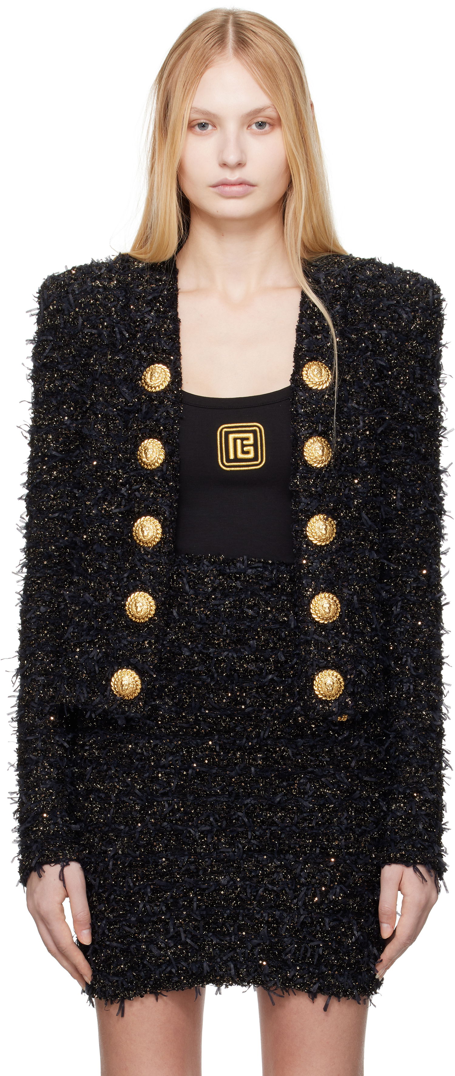 Jakke Balmain Balmain Tweed Jacket with Gold-Tone Buttons Sort | EF1SK048KB19, 0