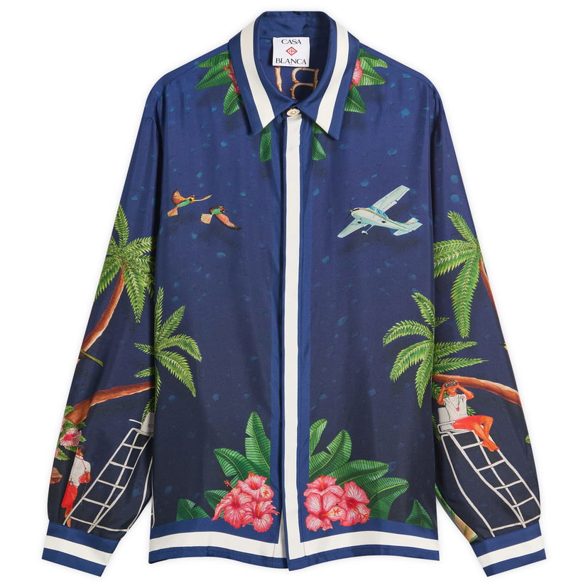 Skjorte Casablanca Casablanca Classic Long Sleeve Patterned Silk Shirt, Size Large Blå | MPF25-SH-021-02