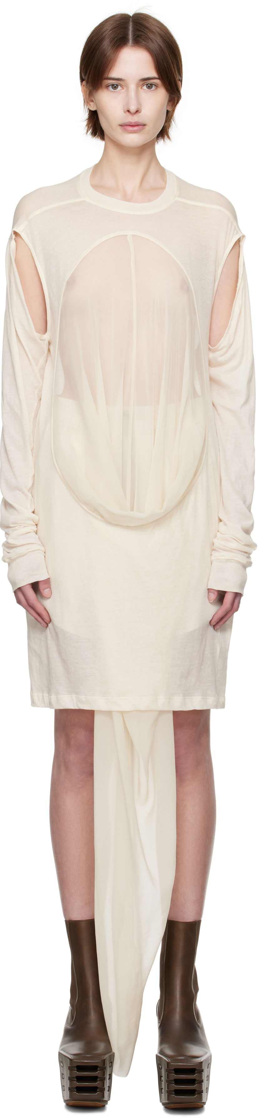 Kjole Rick Owens Rick Owens Draped Long Sleeve T-Shirt Beige | RP01E7205 UCS
