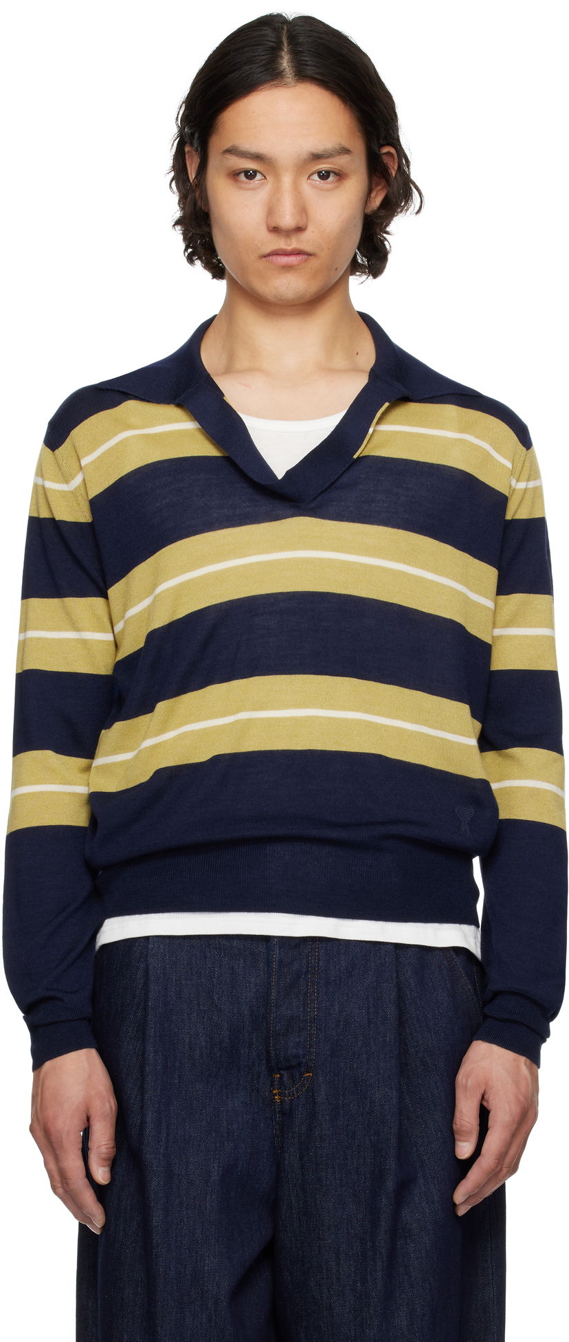 Sweater AMI AMI Paris Wool Silk Striped Polo Mørkeblå | HPL376.KN0079