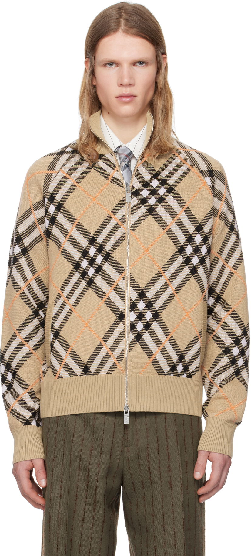 Sweater Burberry Burberry Check Wool Mohair Blend Zip-Up Jacket Beige | 8095087